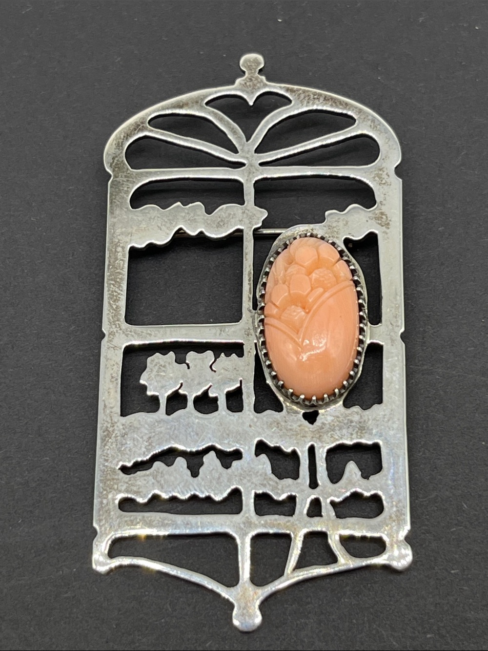 Vintage art nouveau sterling silver brooch with floral carving